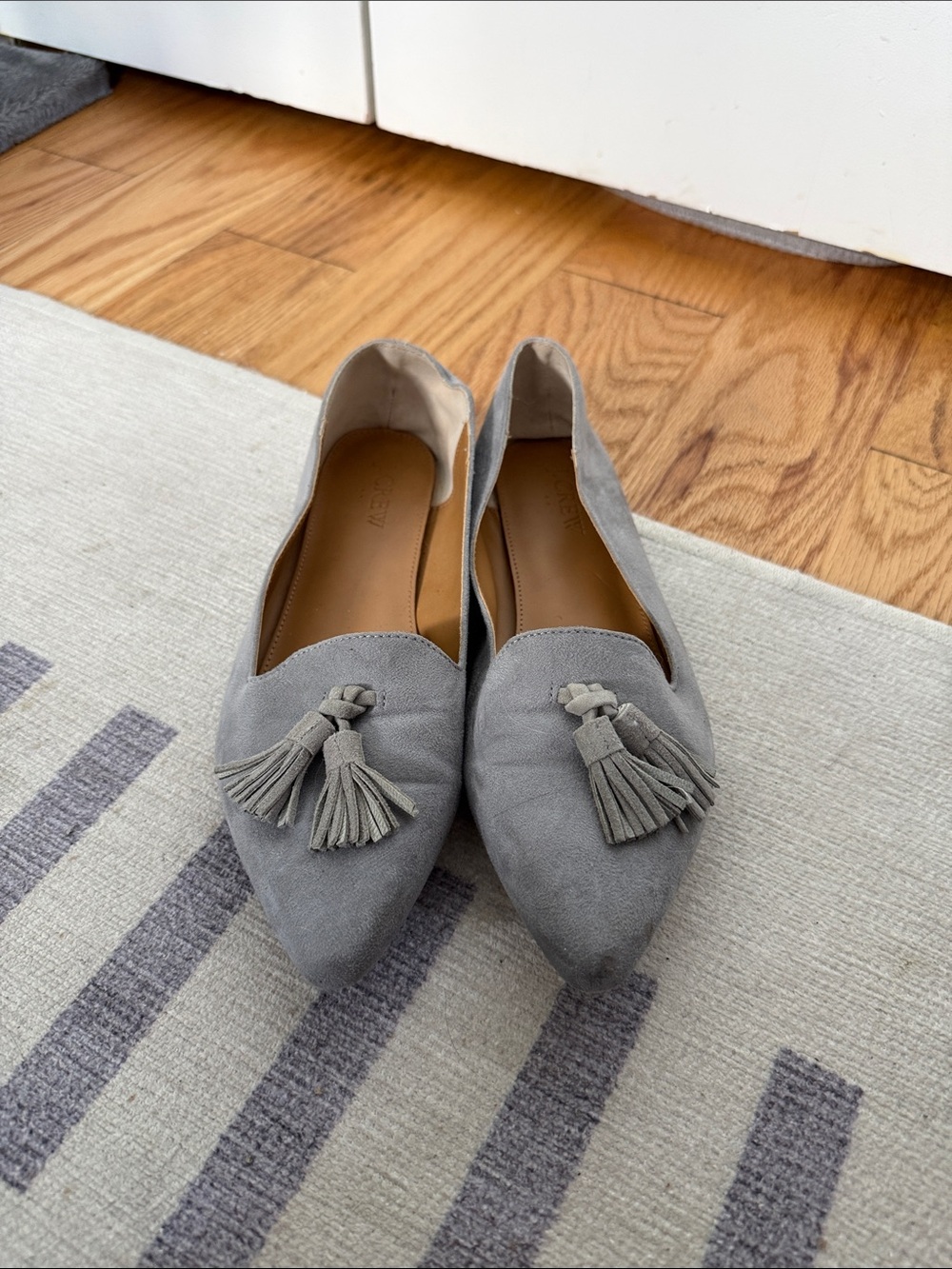 J. Crew Pointed Tassel Loafers in Light Gray